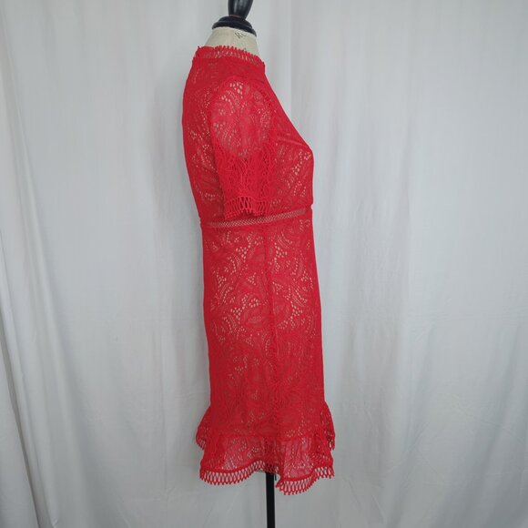 Bardot Lace Dress Medium Red Ruffle Mini - Picture 7 of 9